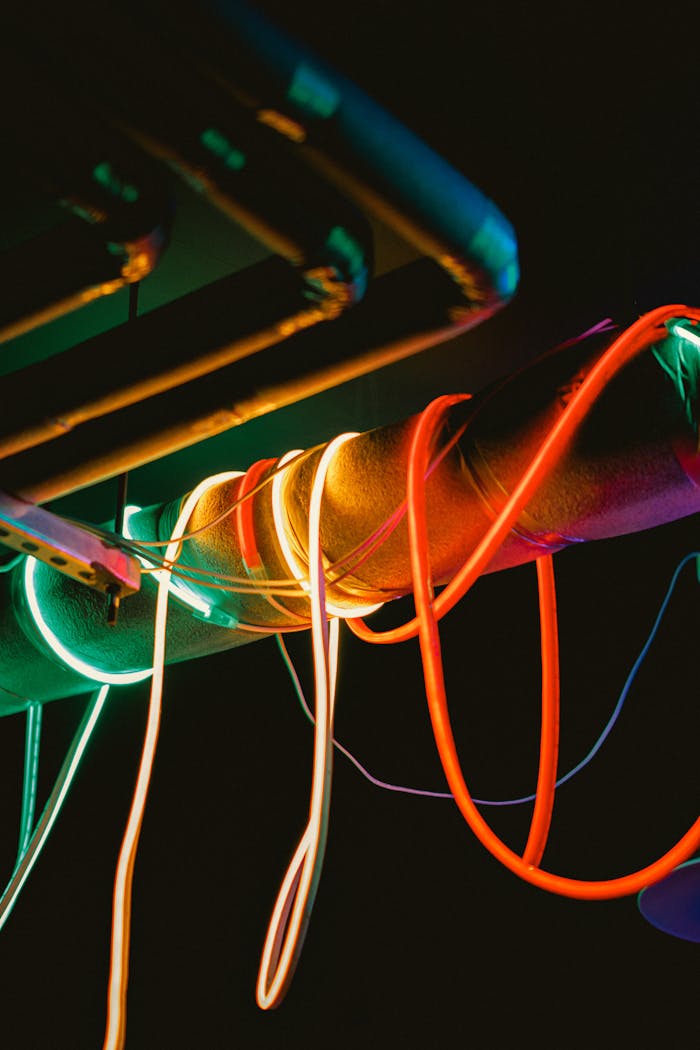 Illuminated colorful neon wires in an abstract industrial setup against a dark background.